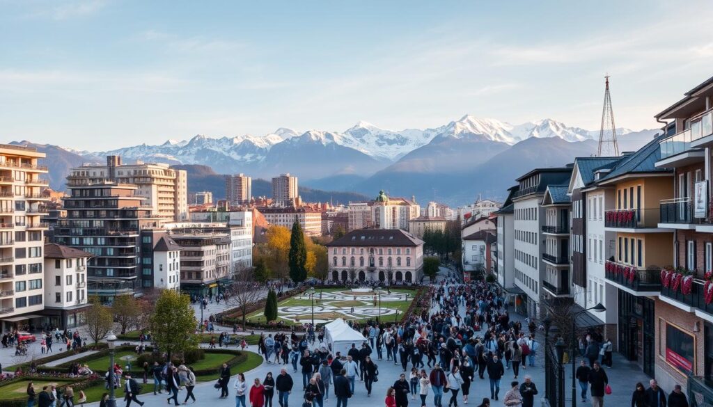 A bustling Swiss cityscape, with modern high-rise buildings and traditional architecture nestled together. In the foreground, a diverse array of people navigate the bustling streets, dressed in a variety of casual and professional attire. In the middle ground, well-manicured parks and plazas provide a tranquil respite from the urban landscape. The background is dominated by the majestic Swiss Alps, their snow-capped peaks casting a serene and awe-inspiring presence. The lighting is a harmonious blend of natural daylight and warm, ambient tones, casting a vibrant and inviting atmosphere. The overall scene conveys the dynamic and prosperous nature of Swiss living, with a keen eye for detail and a sense of cultural richness.