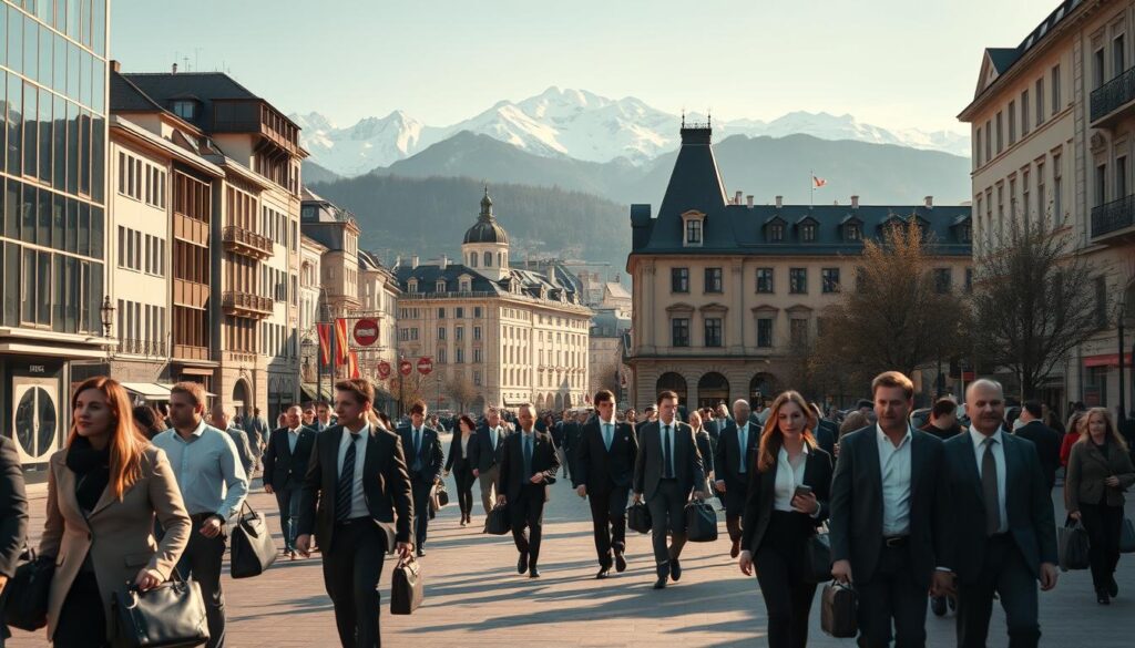 A bustling city street in Zurich, Switzerland, captured in a cinematic wide-angle shot. In the foreground, smartly dressed professionals stride purposefully, briefcases in hand, conveying the energy and opportunity of the Swiss job market. The middle ground features a mix of modern office buildings and historic architecture, casting warm, golden hues under the afternoon sun. In the background, the majestic Swiss Alps rise, their snow-capped peaks a testament to the country's natural splendor. The scene radiates a sense of productivity, efficiency, and the potential for career growth, encapsulating the "Arbeitsmarkt Schweiz" and the challenges and rewards of working in this dynamic European nation. A bustling city street in Zurich, Switzerland, captured in a cinematic wide-angle shot. In the foreground, smartly dressed professionals stride purposefully, briefcases in hand, conveying the energy and opportunity of the Swiss job market. The middle ground features a mix of modern office buildings and historic architecture, casting warm, golden hues under the afternoon sun. In the background, the majestic Swiss Alps rise, their snow-capped peaks a testament to the country's natural splendor. The scene radiates a sense of productivity, efficiency, and the potential for career growth, encapsulating the "Arbeitsmarkt Schweiz" and the challenges and rewards of working in this dynamic European nation.