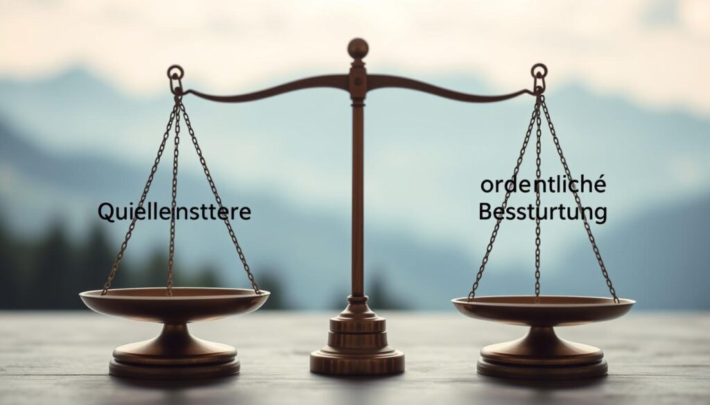 A close-up comparison of two tax payment methods, "Quellensteuer" and "ordentliche Besteuerung", depicted as two opposing scales or balances. The foreground shows the scales in perfect equilibrium, symbolizing the contrast and evaluation between the two taxation systems. The middle ground features a minimalist Swiss landscape with mountains and trees, creating a serene, alpine atmosphere. The background is softly blurred, allowing the central scales to be the focal point. The lighting is natural and directional, casting subtle shadows that accentuate the scales' details. The overall mood is one of thoughtful contemplation, inviting the viewer to consider the nuances of tax planning for a German living in Switzerland. A close-up comparison of two tax payment methods, "Quellensteuer" and "ordentliche Besteuerung", depicted as two opposing scales or balances. The foreground shows the scales in perfect equilibrium, symbolizing the contrast and evaluation between the two taxation systems. The middle ground features a minimalist Swiss landscape with mountains and trees, creating a serene, alpine atmosphere. The background is softly blurred, allowing the central scales to be the focal point. The lighting is natural and directional, casting subtle shadows that accentuate the scales' details. The overall mood is one of thoughtful contemplation, inviting the viewer to consider the nuances of tax planning for a German living in Switzerland.