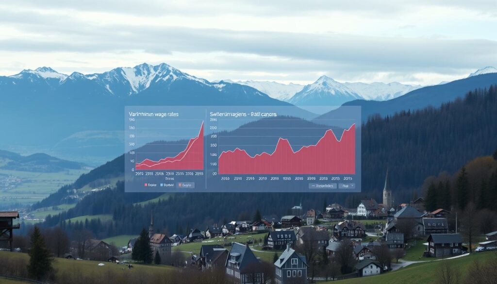 A panoramic view of the Swiss landscape, with snow-capped mountains in the background and rolling hills dotted with quaint villages in the foreground. In the center, a series of charts and graphs depicting the varying minimum wage rates across the country's different cantons, displayed on digital screens or projected onto a large, translucent display. The overall scene conveys a sense of precision, data-driven decision-making, and the unique regional differences that shape Switzerland's labor policies. Soft, diffused lighting illuminates the scene, creating a subtle, contemplative atmosphere.