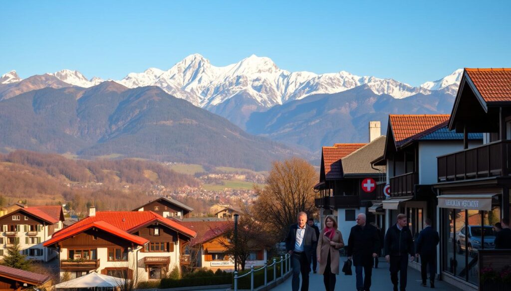 A scenic vista of the Swiss Alps, with majestic snow-capped peaks rising in the background. In the foreground, a quaint Swiss village nestled among rolling hills, its charming architecture and red-tiled roofs bathed in warm, golden light. In the middle ground, a bustling street scene, with well-dressed German professionals strolling past upscale shops and cafes, discussing the benefits of residing in this tax-advantageous Swiss canton. The atmosphere is one of tranquility and prosperity, capturing the allure of living and working in Switzerland while enjoying the favorable tax climate compared to Germany. A scenic vista of the Swiss Alps, with majestic snow-capped peaks rising in the background. In the foreground, a quaint Swiss village nestled among rolling hills, its charming architecture and red-tiled roofs bathed in warm, golden light. In the middle ground, a bustling street scene, with well-dressed German professionals strolling past upscale shops and cafes, discussing the benefits of residing in this tax-advantageous Swiss canton. The atmosphere is one of tranquility and prosperity, capturing the allure of living and working in Switzerland while enjoying the favorable tax climate compared to Germany.