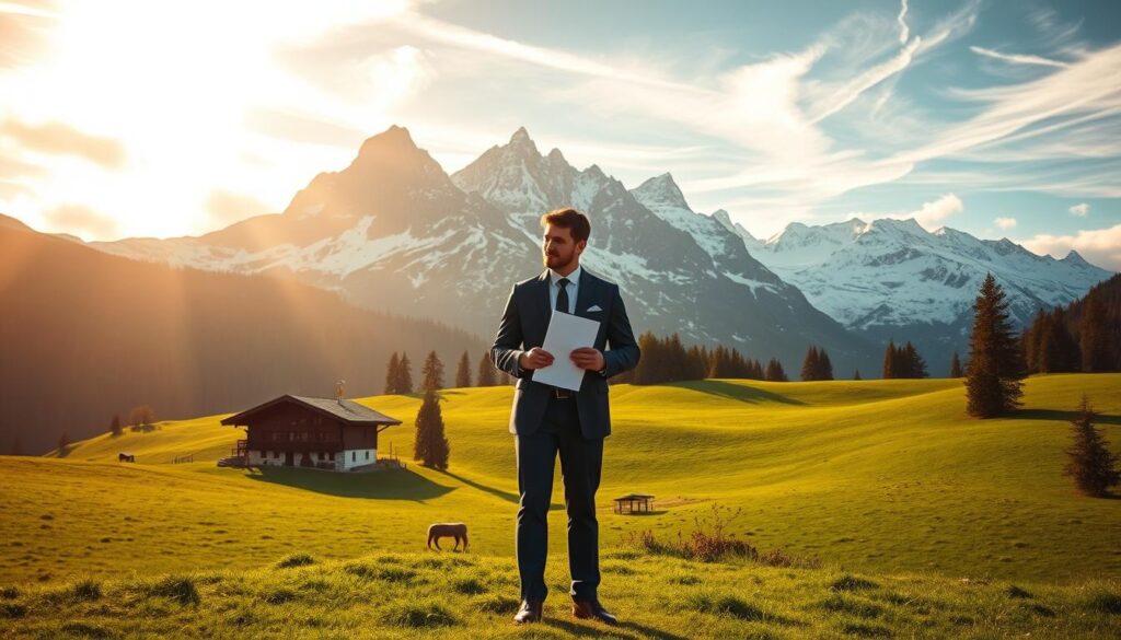 A serene alpine landscape with lush green meadows, majestic snow-capped peaks, and a picturesque Swiss chalet nestled in the foreground. Warm, golden sunlight filters through wispy clouds, casting a soft glow over the scene. In the middle ground, a well-dressed individual stands contemplatively, holding official-looking documents, representing the legal requirements for emigrating to Switzerland. The overall mood is one of tranquility, deliberation, and the promise of a new life in a beautiful, stable, and prosperous nation. A serene alpine landscape with lush green meadows, majestic snow-capped peaks, and a picturesque Swiss chalet nestled in the foreground. Warm, golden sunlight filters through wispy clouds, casting a soft glow over the scene. In the middle ground, a well-dressed individual stands contemplatively, holding official-looking documents, representing the legal requirements for emigrating to Switzerland. The overall mood is one of tranquility, deliberation, and the promise of a new life in a beautiful, stable, and prosperous nation.