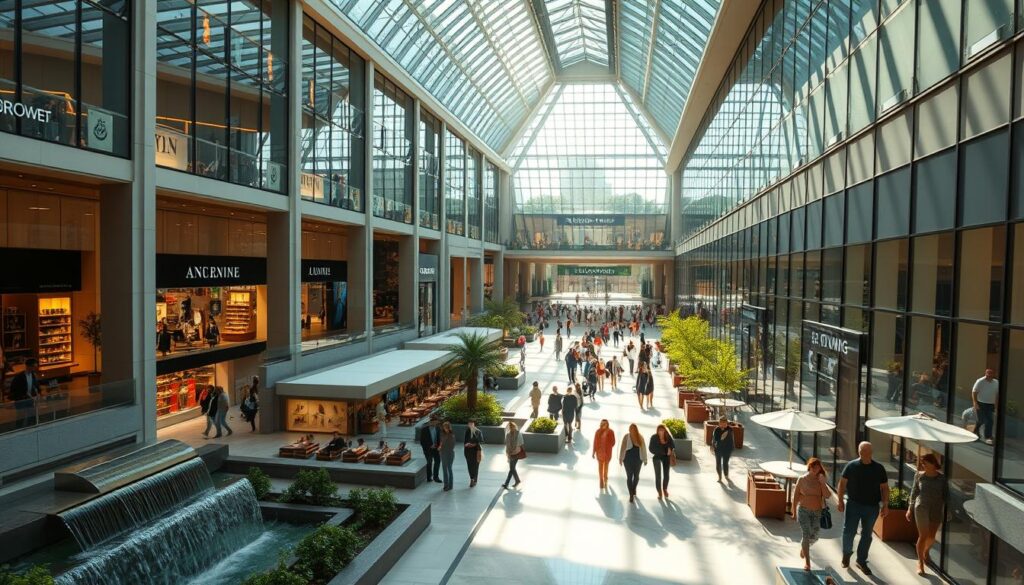 A bustling Swiss shopping center, bathed in soft natural light streaming through expansive glass facades. Sleek modern architecture frames an array of high-end boutiques, trendy cafes, and lively public spaces. Shoppers stroll past cascading water features and lush indoor greenery, their reflections dancing on polished marble floors. Sunlight filters through skylights, casting a warm glow over the vibrant scene. Towering glass atriums connect levels, offering glimpses of the activities above and below. An atmosphere of sophisticated leisure and refined consumerism pervades this temple of Swiss retail.