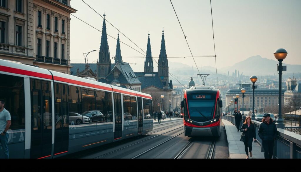 A bustling urban scene of public transportation in Switzerland, captured with a cinematic wide-angle lens. In the foreground, a modern tram glides smoothly along the tracks, its sleek design and vibrant colors drawing the eye. Pedestrians hurry along the sidewalks, their faces lit by the warm glow of street lamps. In the middle ground, a mix of classic and contemporary architecture frames the scene, with towering spires and glass-fronted buildings standing in harmonious contrast. The background is a hazy, atmospheric cityscape, blending seamlessly into the horizon under a soft, diffused natural light. The overall mood is one of efficiency, modernity, and a sense of the daily rhythms of urban life in Switzerland.