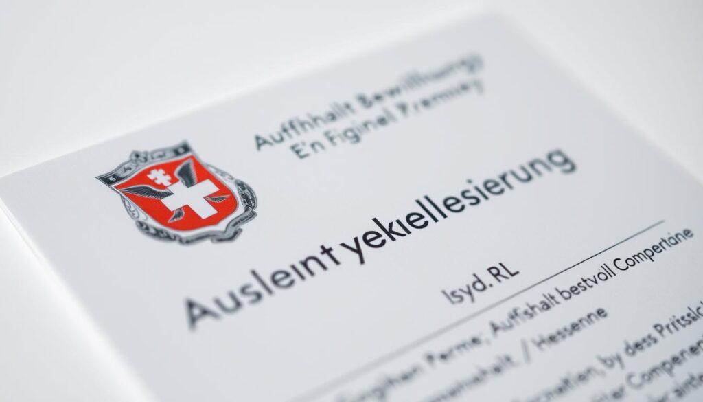 A detailed close-up of a Swiss residency permit (Aufenthaltsbewilligung) document, with a crisp, high-resolution focus showcasing the intricate design, security features, and official emblem. The permit is presented against a clean, neutral background, with subtle lighting that accentuates the tactile quality of the document. The image conveys a sense of official authority and the importance of this legal document in the integration process, without any distracting elements or text overlays.