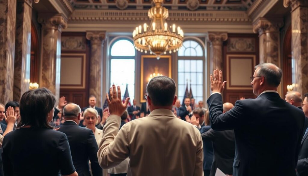 A formal, solemn ceremony in a stately government building, with a well-dressed group of people taking the oath of citizenship. The foreground features a central figure, their hand raised, surrounded by others raising their hands in unison. The middle ground shows officials administering the oath, their faces stern yet encouraging. The background depicts architectural details like marble columns, ornate chandeliers, and large windows, conveying a sense of dignity and tradition. The lighting is warm and inviting, creating a sense of gravity and significance to the event. The overall atmosphere is one of pride, reverence, and a new beginning.