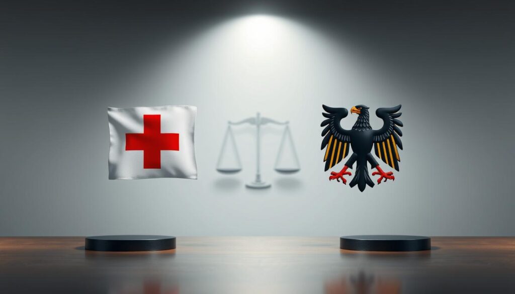 A meticulously detailed illustration of the dual Swiss and German citizenship, capturing the complex legal rights and privileges associated with this status. Depicted in a sleek, minimalist style, the foreground showcases a pair of intricately rendered national emblems - the Swiss cross and the German eagle - subtly intertwined to symbolize the interplay between the two nationalities. The middle ground features a clean, abstract geometric layout, hinting at the intricate legal frameworks governing dual citizenship. The background evokes a sense of dignified authority, with muted tones and soft, diffused lighting creating an atmosphere of formal professionalism. The overall composition conveys a sense of balance, order, and the careful consideration of one's legal rights and responsibilities as a citizen of two nations.