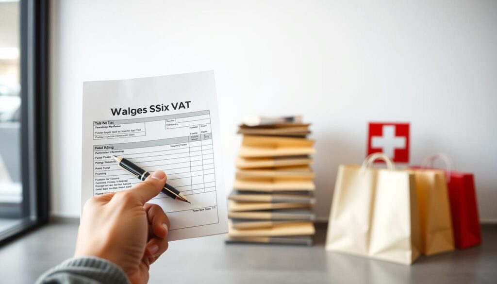 A modern, minimalist image depicting the process of Value Added Tax (VAT) refund in Switzerland. In the foreground, a close-up of a person's hands holding a Swiss VAT refund form, with a pen poised to fill it out. The middle ground features a neatly stacked pile of shopping bags, suggesting a recent shopping excursion. The background has a clean, airy feel, with a subtle Swiss flag motif in the corner, conveying a sense of efficient, hassle-free tax reclamation. The lighting is soft and diffused, creating a calm, professional atmosphere. The overall composition emphasizes the ease and convenience of navigating Swiss VAT refunds for international shoppers.