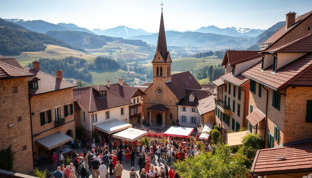 A picturesque village nestled in the rolling hills of the French-Italian Swiss countryside, with stone buildings and red-tiled roofs basking in the warm Mediterranean-style sunlight. In the foreground, a charming town square is filled with locals and tourists celebrating a vibrant festival, their colorful traditional costumes and lively music creating a festive atmosphere. In the middle ground, a historic church with a tall spire stands proudly, its bells ringing to mark the occasion. The background showcases the breathtaking scenery of the region, with snow-capped peaks and lush vineyards rolling out towards the horizon. The scene exudes a sense of cultural heritage, natural beauty, and joyous celebration. A picturesque village nestled in the rolling hills of the French-Italian Swiss countryside, with stone buildings and red-tiled roofs basking in the warm Mediterranean-style sunlight. In the foreground, a charming town square is filled with locals and tourists celebrating a vibrant festival, their colorful traditional costumes and lively music creating a festive atmosphere. In the middle ground, a historic church with a tall spire stands proudly, its bells ringing to mark the occasion. The background showcases the breathtaking scenery of the region, with snow-capped peaks and lush vineyards rolling out towards the horizon. The scene exudes a sense of cultural heritage, natural beauty, and joyous celebration.