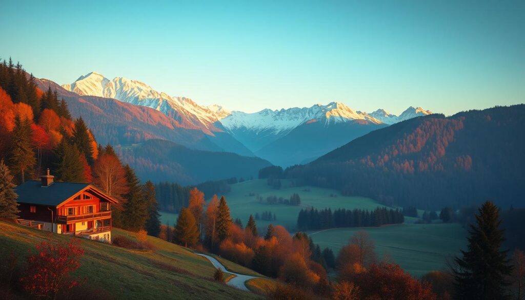 A serene Swiss landscape in autumn, with vibrant foliage and snow-capped peaks in the distance. In the foreground, a cozy chalet nestled amidst rolling hills, its warm, inviting lights casting a soft glow. Crisp, cool air and a clear, blue sky set the scene for a peaceful, contemplative getaway. The middle ground features a winding, tree-lined path, inviting the viewer to explore the idyllic setting. Soft, diffused lighting from the setting sun creates a dreamy, atmospheric ambiance, perfectly capturing the tranquil essence of a Swiss holiday. A serene Swiss landscape in autumn, with vibrant foliage and snow-capped peaks in the distance. In the foreground, a cozy chalet nestled amidst rolling hills, its warm, inviting lights casting a soft glow. Crisp, cool air and a clear, blue sky set the scene for a peaceful, contemplative getaway. The middle ground features a winding, tree-lined path, inviting the viewer to explore the idyllic setting. Soft, diffused lighting from the setting sun creates a dreamy, atmospheric ambiance, perfectly capturing the tranquil essence of a Swiss holiday.