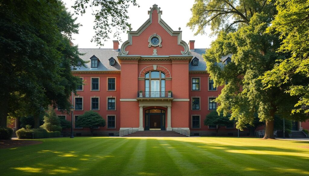 A stately red-brick building, its facade adorned with ornamental details, stands in the foreground, casting a dignified presence. Lush greenery surrounds the structure, with towering trees framing the scene. Soft, diffused lighting bathes the setting, creating a warm and inviting atmosphere. In the middle ground, a well-manicured lawn extends, leading the viewer's gaze towards the building's grand entrance. The overall composition conveys a sense of stability, tradition, and the reliable nature of the healthcare system, reflective of the return to Germany and the insurance status. A stately red-brick building, its facade adorned with ornamental details, stands in the foreground, casting a dignified presence. Lush greenery surrounds the structure, with towering trees framing the scene. Soft, diffused lighting bathes the setting, creating a warm and inviting atmosphere. In the middle ground, a well-manicured lawn extends, leading the viewer's gaze towards the building's grand entrance. The overall composition conveys a sense of stability, tradition, and the reliable nature of the healthcare system, reflective of the return to Germany and the insurance status.